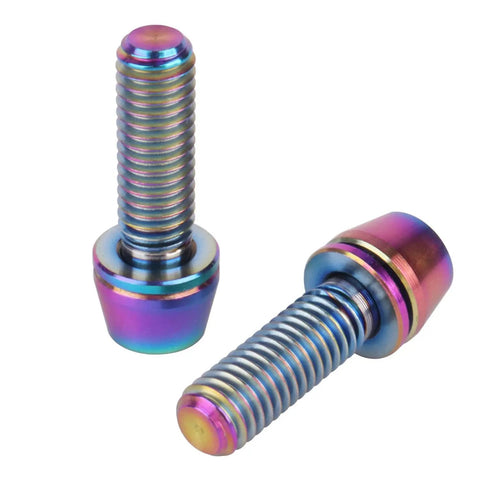 Solid Ride Ready Grade Five Titanium Hex Drive Bolts With Matched Lock Washers M5 X 16 18 20 Millimeter heavy duty fasteners in rainbow finish.