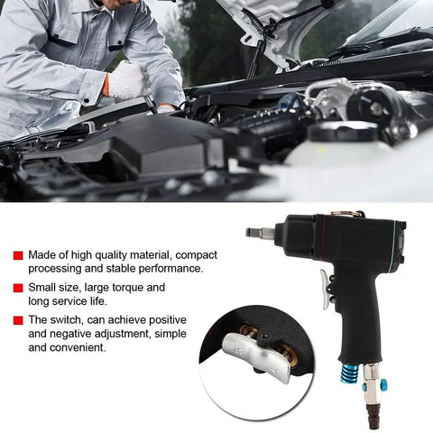 Heavy Duty 3/8 Inch Pneumatic Impact Wrench With Forward Reverse Toggle slick compact build, displayed in use during auto repair.