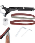 Leveling Up Your Bench With This Angle Grinder Belt Sander Adapter including sanding belts and mounting hardware.
