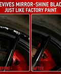 Premium Gloss Black Rim Touch Up Paint For Nixing Curb Rash And Heavy Scratches On Alloy Wheels shows before and after restoration of a rim.