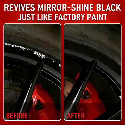 Premium Gloss Black Rim Touch Up Paint For Nixing Curb Rash And Heavy Scratches On Alloy Wheels shows before and after restoration of a rim.