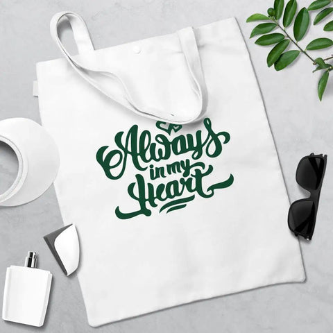 Solid Color Transfer Sheets Set, 16 Pcs 4.5x12 Inches Pre Printed Transfer Paper For DIY Heat Press Mugs, T Shirts, Coasters, Seamless Look And Bright Colors For Easy, No Fuss Projects printed on tote bag with text 'Always in my heart'