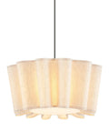 Beige fabric pendant lamp with fluted shade design, hanging from black cord