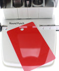 Three In One ID Card Hole Punch Tool For Name Badges with red PVC card in round punch slot, adjustable centering guide visible