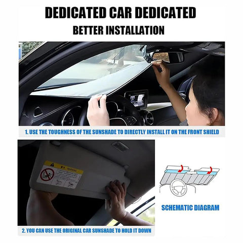 Custom Fit Windshield Sunshade For Gmc Sierra Ev 2024 To 2026 installation guide, showing user applying the sunshade in car.