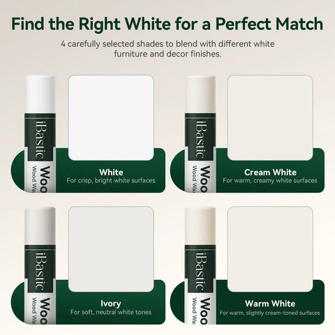 Slick White Wood Filler Sticks 4 Pack Putty for Furniture and Floor Repair showing four shades: White, Cream White, Ivory, and Warm White.