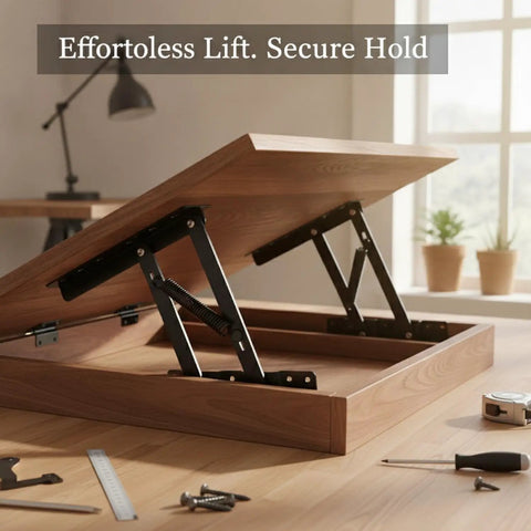 Heavy Duty Lifting Hinge Pair For Lift Top Storage Furniture, Black Cold Rolled Steel, installed on wooden desk.
