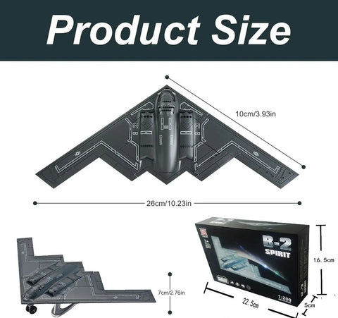 1/200 Scale B-2 Spirit Stealth Bomber Model Kit with display stand, shown with dimensions and packaging.