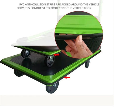 Heavy Duty Platform Truck With Foldable Steel Frame 660Lb Capacity Push Cart For Groceries And Everyday Hauling Portable Flatbed Cart With Textured Surface To Prevent Slippage green platform truck with PVC edge strips