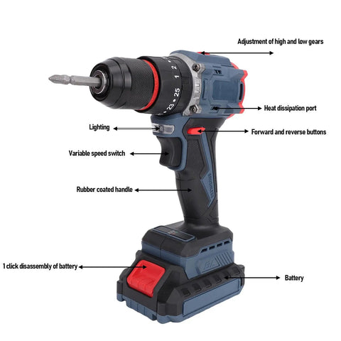 Badass Brushless Cordless Drill Kit 1500 Rpm With 25 Plus 1 Adjustable Torque Settings featuring rubber handle, variable speed switch, and battery.