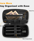 Open Smell Proof Hard Shell Travel Case with Lock, Odor Control Carbon Lining, shown with tubes in elastic strap and mesh pocket