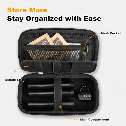 Open Smell Proof Hard Shell Travel Case with Lock, Odor Control Carbon Lining, shown with tubes in elastic strap and mesh pocket