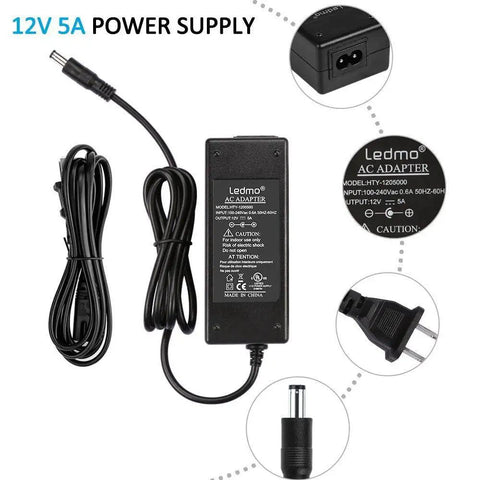 Rock Solid 12V 5A 60W AC to DC Power Supply Adapter for LED Strips with US Plug and 5.5mm x 2.1mm Output shown with cable details.