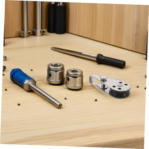Stainless Steel Marine Pulley Block Bundle For Kayak And Boat Deck Hardware Accessories, Cable Pulley Bearing Wheel on wooden surface.