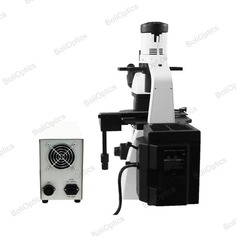 100X-400X Inverted Fluorescence Microscope With Trinocular Head And Dual Illumination Pro-Grade Lab Microscope For Biological Imaging And Cellular Work HM FM03030303, rear view with lamp unit