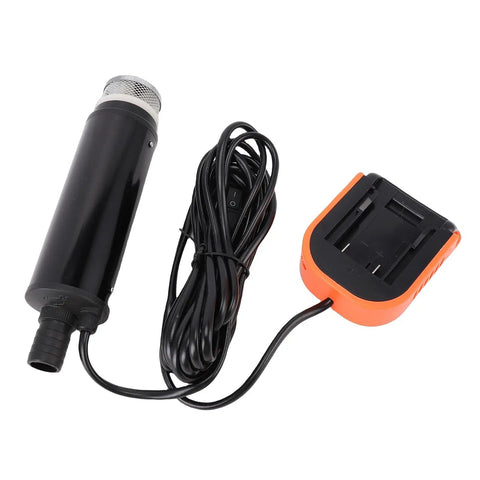 Built Like A Tank Heavy Duty Cordless Submersible Pump with black tube and orange battery charger, designed for fast water removal.