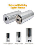 Chrome universal socket wrench adapter sleeve with 3/8in and 1/2in drives, sizes 7–19mm, 9–27mm, 11–32mm.