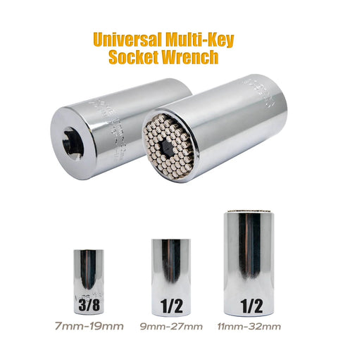 Chrome universal socket wrench adapter sleeve with 3/8in and 1/2in drives, sizes 7–19mm, 9–27mm, 11–32mm.