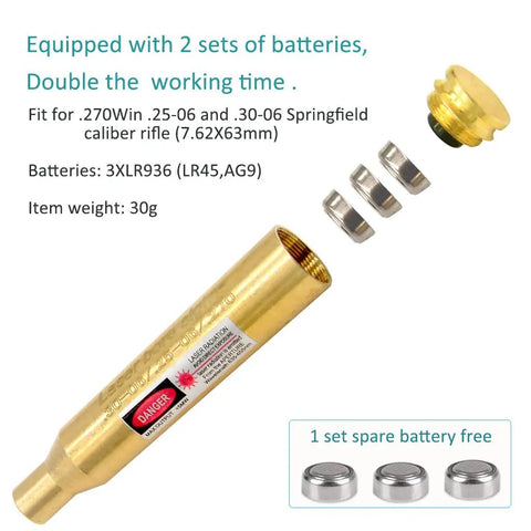 Laser Bore Sight Cartridge For 30 06 25 06 And 270 Caliber Rifles With Red Dot Alignment with two battery sets included