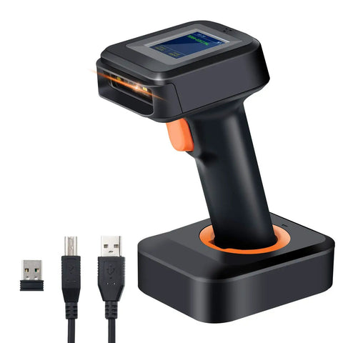Wireless 1D And 2D QR Barcode Scanner With Display Screen Battery Level Indicator Time Display Bluetooth And Charging Cradle Base