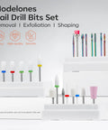 24 Piece Nail Drill Bit Set for Acrylic Gel Nails Pro Grade Kit With Ceramic And Diamond Carbide Bits displayed on white stands