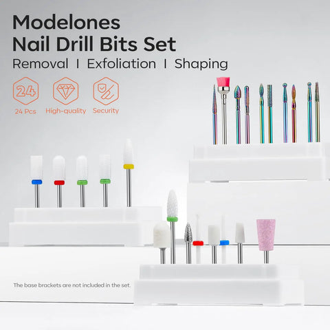 24 Piece Nail Drill Bit Set for Acrylic Gel Nails Pro Grade Kit With Ceramic And Diamond Carbide Bits displayed on white stands