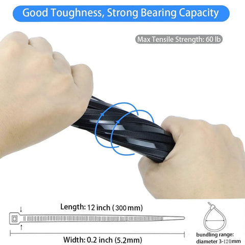 Heavy Duty 12 Inch Black Cable Ties Pack Of 100 For Outdoor Use With 60 Pound Tensile Strength Self Locking Fasteners in hands