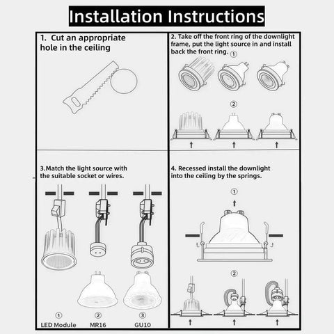 Installation instructions for Two Pack Of Crisp White Square Recessed Lighting Trims With Angled Gu10 Downlight Housing.