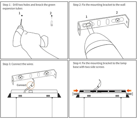 Installation guide for Lit Linear LED Pendant Light With Dimmable Stepless Control showing steps to drill, mount, connect, and secure.