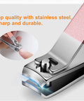 Close-up of nail clipper from 7 Piece Manicure Set With Stainless Steel Tools In Rose Gold Case showing sharp blades.