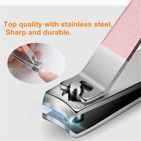 Close-up of nail clipper from 7 Piece Manicure Set With Stainless Steel Tools In Rose Gold Case showing sharp blades.