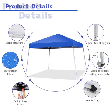 Details of Pop Up Canopy Tent 10x10 Ft With Slant Leg Frame, No Hassle Setup Gazebo Shelter For Patio Deck Garden And Beach, Blue