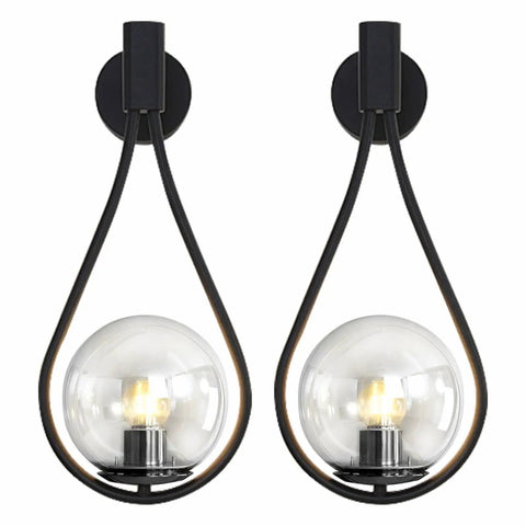 Industrial Vintage Matte Black Globe Wall Sconce Set of 2 With Clear Hand Blown Glass Shades Dope Mid Century Bedside Lamps