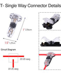 Diagram and close-up of 12 Pack Low Voltage Wire Splice Connectors, Quick Solderless T Tap 1 Pin Connectors for 20-24 AWG