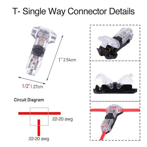 Diagram and close-up of 12 Pack Low Voltage Wire Splice Connectors, Quick Solderless T Tap 1 Pin Connectors for 20-24 AWG