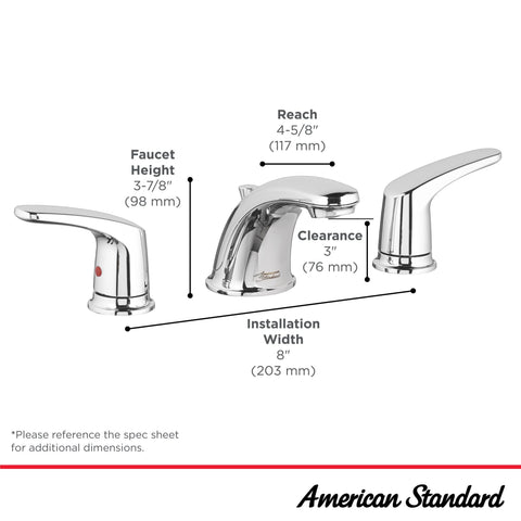 Colony Pro 8 Inch Widespread Two-Handle Low Arc Bathroom Faucet With Pop-Up Drain Assembly 1.2 GPM Polished Chrome Finish dimensions