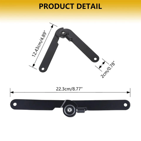 Heavy Duty 180 Degree Lid Support Hinges Set Of 2 Folding Rotatable Locking Hinges in black, measurements displayed, front view.