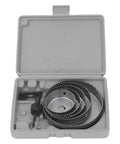 FTVOGUE Heavy Duty Hole Saw Kit W 5 Sizes Cuts Metal Plastic Wood Like A Champ For DIY Pros Using Sharp Steel Cutters With Extender And Hex Wrench open case with five steel hole saws and drill bit