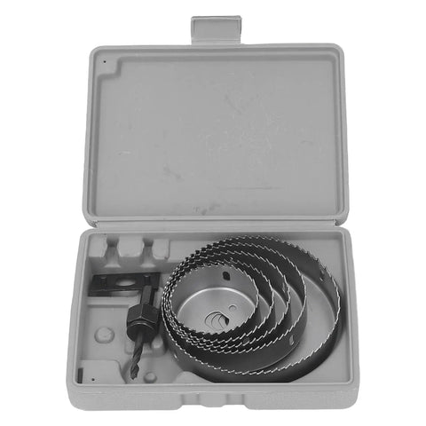 FTVOGUE Heavy Duty Hole Saw Kit W 5 Sizes Cuts Metal Plastic Wood Like A Champ For DIY Pros Using Sharp Steel Cutters With Extender And Hex Wrench open case with five steel hole saws and drill bit