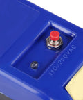 Close-up of Demagnetizer Tool For Mechanical Watches, blue casing with button, dual voltage 110/220V displayed.