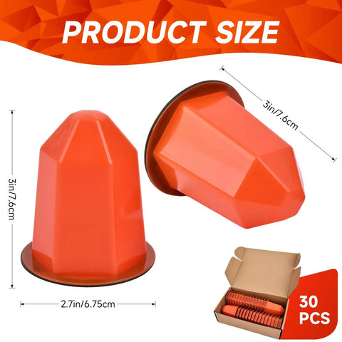 Orange Fire Sprinkler Paint Covers 30 Pack Ceiling Guard Caps, 3in cones shown beside cardboard box, durable PVC for mess-free painting.