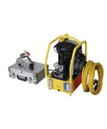 Heavy Duty Kick Ass Hydraulic Torque Wrench, 1.5 Inch Square Drive Titanium Alloy Socket Tool with yellow hydraulic pump and hose.