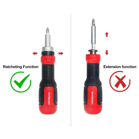 Ratcheting Screwdriver Set 13 In 1 All In One Multi Bit Tool with Torx Security, showing ratcheting and extension function.