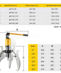 Detailed illustration of Heavy Duty Hydraulic Bearing Puller Kit With Reinforced Center Pin 30 Ton Capacity dimensions and specifications.