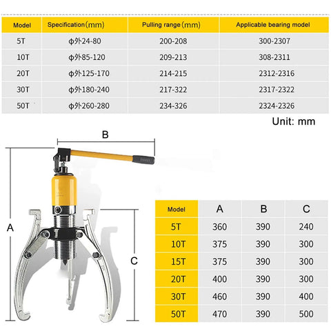 Detailed illustration of Heavy Duty Hydraulic Bearing Puller Kit With Reinforced Center Pin 30 Ton Capacity dimensions and specifications.