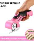 Total Game Changer Cordless Electric Box Cutter Rechargeable Power Scissors Dead Lightweight Cardboard Knife With Secure Safety Guard And Two Razor Blades Smooth Type C Charging For Tough Packing Jobs Pink held in hand showing self-sharpening blade.