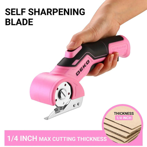 Total Game Changer Cordless Electric Box Cutter Rechargeable Power Scissors Dead Lightweight Cardboard Knife With Secure Safety Guard And Two Razor Blades Smooth Type C Charging For Tough Packing Jobs Pink held in hand showing self-sharpening blade.