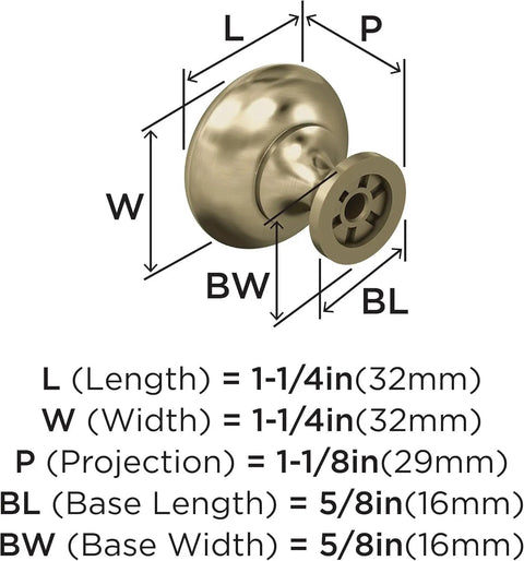 Product dimensions of Ten Pack 1 1 4 Inch Round Cabinet Knobs Finished In Premium Golden Champagne Tone for traditional kitchen drawers.