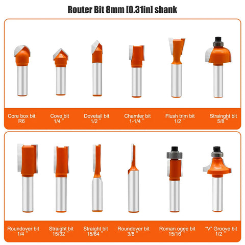 12-Piece Router Bit Set For Woodworking Projects With Durable Alloy Cutting Edges, Carbon Steel Shafts, And A Handy Carrying Case