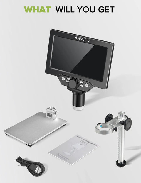 7-Inch LCD Digital Microscope With 1200X Magnification, 1080P Video, Coin Microscope, Metal Stand, 12MP Ultra-Precise Focusing Camera, 8 LED Fill Lights, Windows and Mac Compatible, Ideal for Curious Adults and Hobbyists Who Want Dope Detail. Parts laid out with LCD screen, metal stand, base, manual, and USB cable